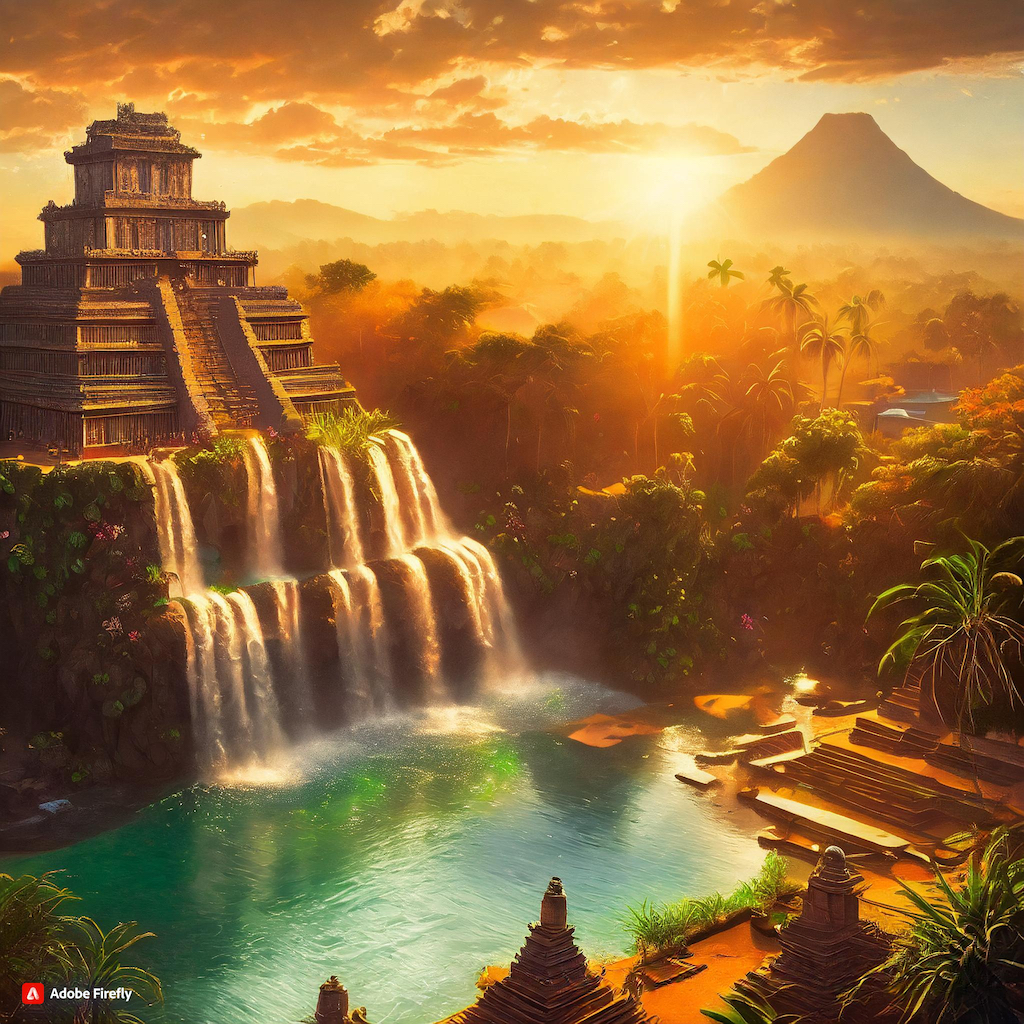  Firefly Guatemala city, next to a crystal clear water fall, surrounded with Mayan Temples, photoreal